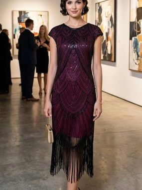 Elegant Beaded Fringe Cocktail Dress in Pink